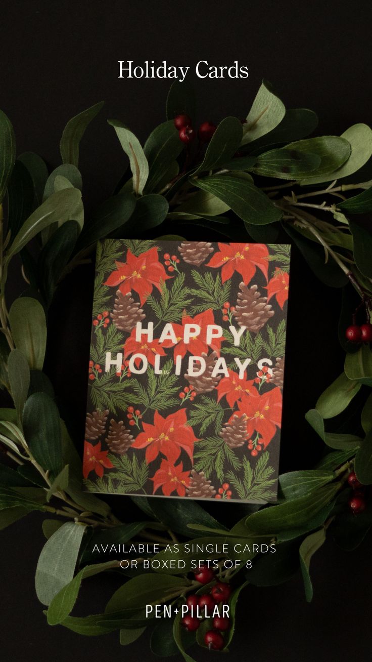 a holiday card with the words happy holidays on it and holly wreaths around it