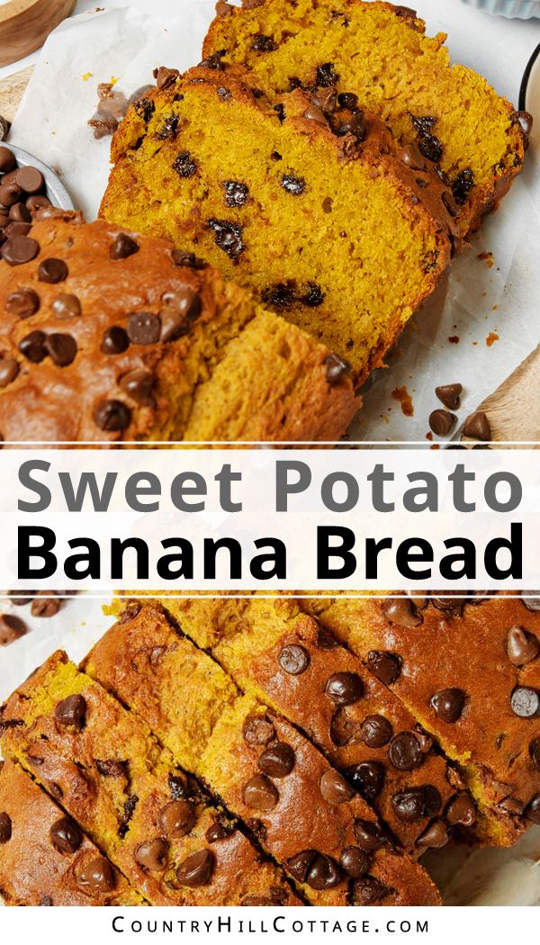 sweet potato banana bread with chocolate chips on top and in the background text reads, sweet potato banana bread