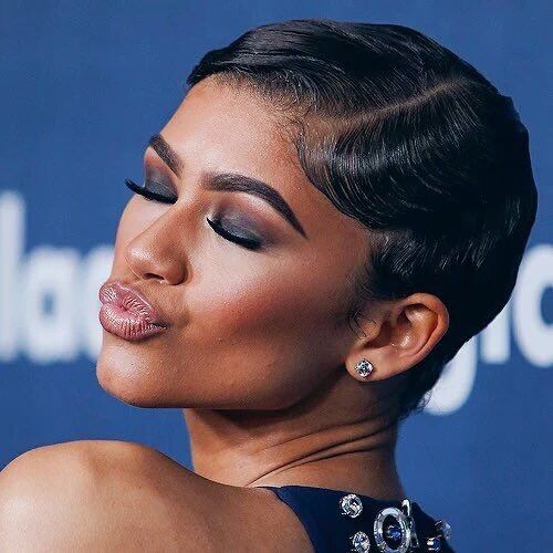 Zendaya Deep Fingerwaves Hairstyles, 1 Inch Pixie Haircut, Sleek Pixie Hairstyles, Sleek Short Hair Black Women, Sleek Back Short Hair, Sleek Pixie, Finger Waves Short Hair, Short Hair Styles African American, Finger Wave