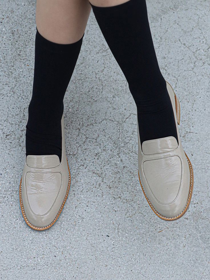 Editor's NotesMOL:pin presents sophisticated footwear that gives off a stylish mood.- Smooth and glossy surface- Great to match with any socks- Soft and durable cow leather used- Comfortable to wearMeasurements(in.)- Size: KR 225MM - KR 255MM (US 5.5 - 8.5)- Heel Height: 0.79 in.Composition & Care- Upper: Cow Leather, Lining: Pig Skin- Natural leather may have fine scratches and wrinkles- Bright leather can get stained by denim or dark outfits- Pen and bond marks may occur during the manufac Classic Cream Loafers For Business, Classic Cream Business Loafers, Modern Beige Loafers With Leather Sole, Cream Leather Sole Loafers For Business, Cream Loafers With Leather Sole For Business, Beige Low Heel Loafers For Formal Occasions, Beige Leather Shoes With Leather Sole For Fall, Beige Formal Loafers With Low Heel, Cream Loafers For Fall Workwear