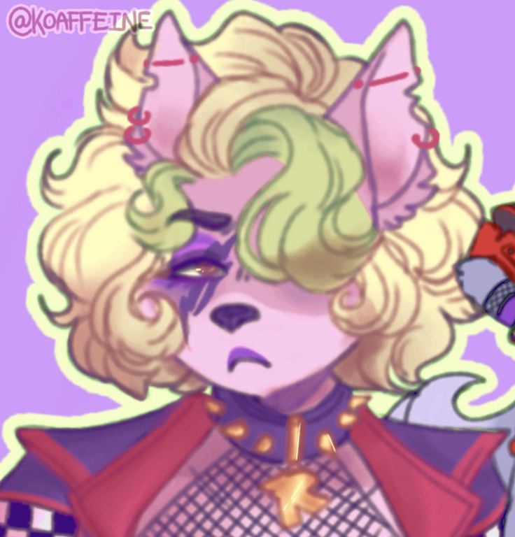 a drawing of a woman with blonde hair and an animal face on her head, wearing a purple outfit