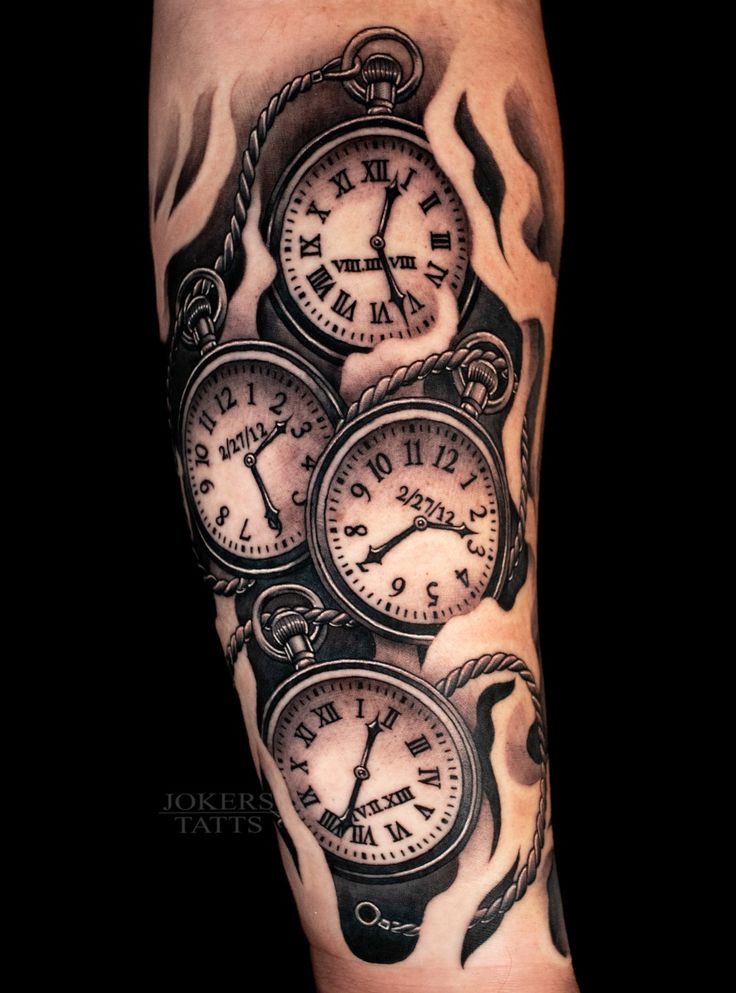 a man's arm with three clocks on it and flames around the clock faces