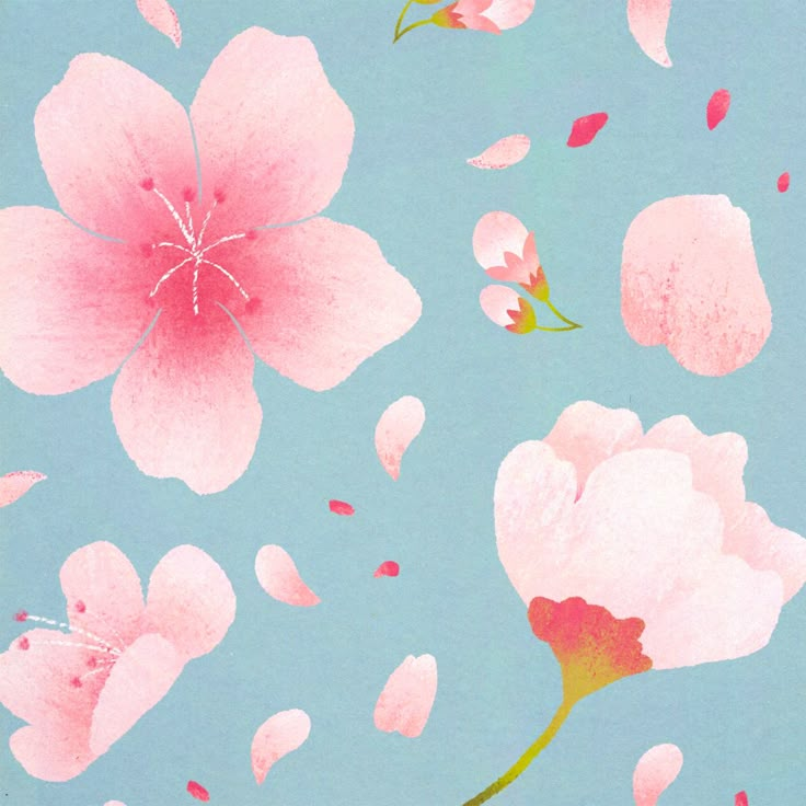 pink flowers are flying in the air on a blue background