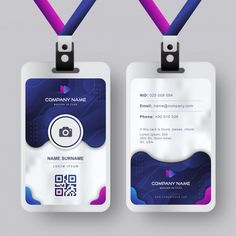 two id cards with lanyards attached to each other on purple and blue ribbons