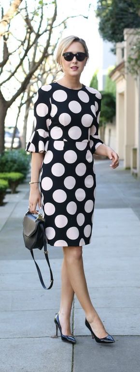 black and light pink polka dot bell-sleeve dress, black pointed toe pumps, black handbag, cat eye sunglasses + messy bun {asos, sjp collection, m2malletier, warby parker} Dots Outfit, Black Bell Sleeve Dress, Polka Dots Outfit, Summer Office, Warby Parker, White Polka Dot Dress, Black Handbag, Nyc Fashion, Office Style