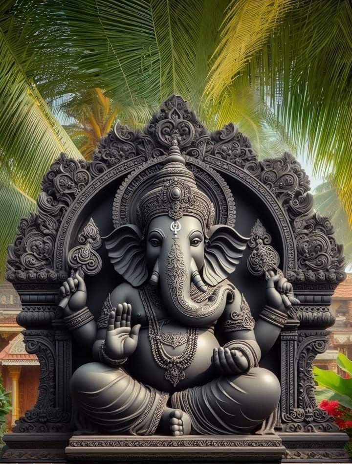 an elephant statue sitting on top of a wooden platform in front of palm trees and flowers