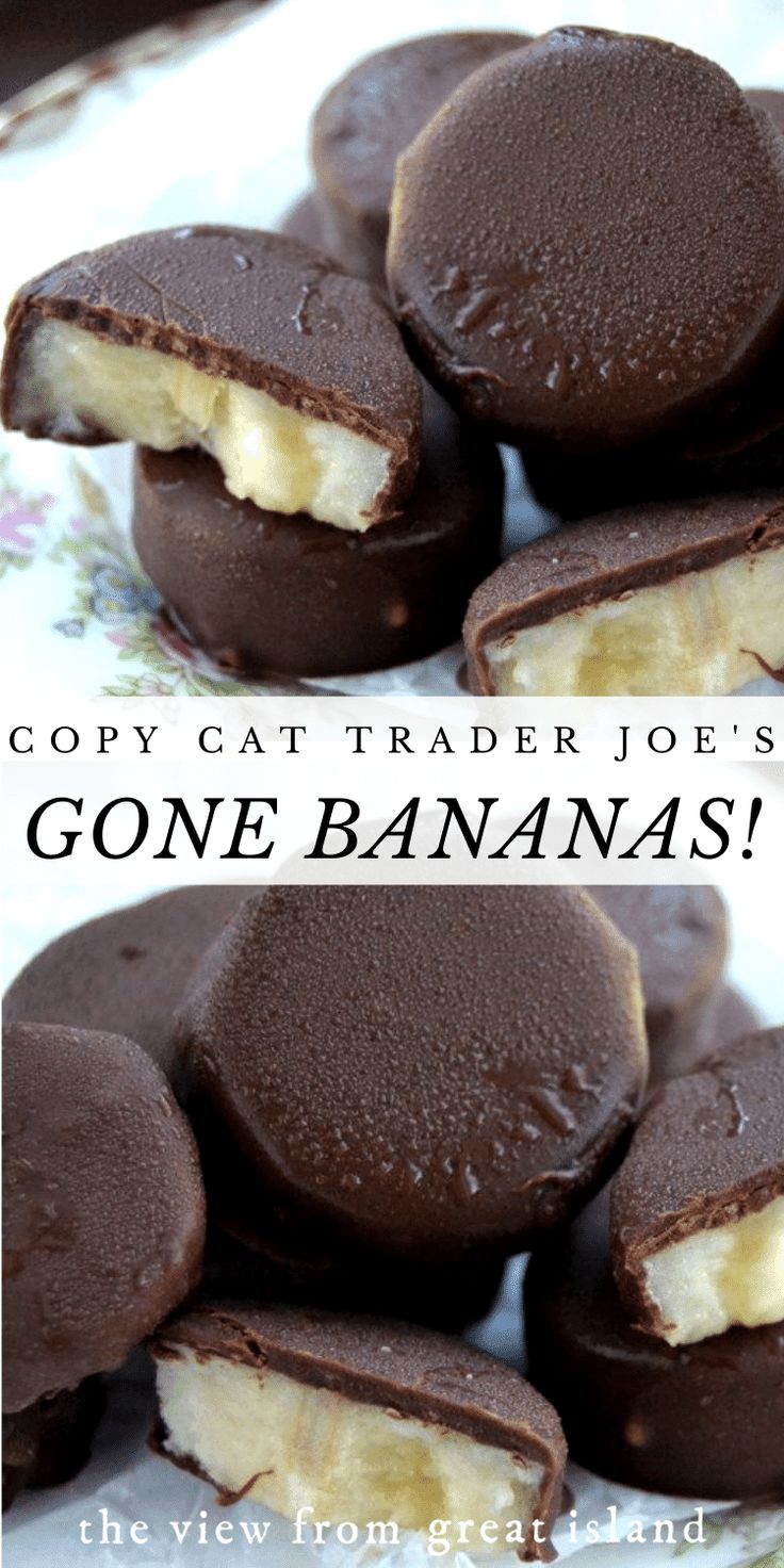 a close up of a plate of chocolate covered cookies with bananas on top and the words copy cat trader joe's gone bananas