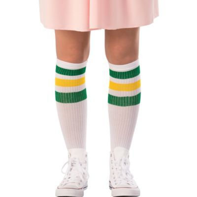 Help save your friends from the Demogorgon in these Adult Eleven Socks! These are white knee-high socks with green and yellow alternating stripes at the top. Pair these with a blonde wig pink dress some sneakers and optional box of waffles for a spot-on costume. Whether you're attending a sci-fi convention dressing up for Halloween or throwing a Stranger Things watch party & these socks are an essential for a true Eleven experience. Stranger Things Eleven Socks product details:  98% polyeste Eleven Stranger Things Costume, Eleven Costume, Stranger Things Halloween Costume, Stranger Things Eleven, Stranger Things Costume, Striped Knee High Socks, Stranger Things Halloween, Eleven Stranger Things, Halloween Costume Accessories