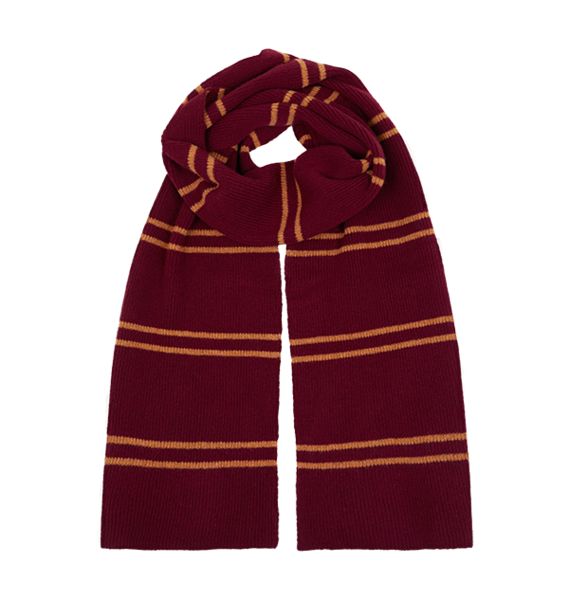 a harry potter scarf is shown in red and gold striped fabric, with an open knot at the bottom