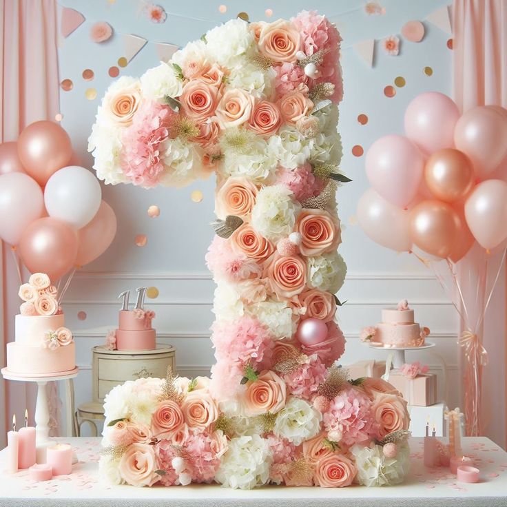 a pink and white flowered number one surrounded by balloons, cake and other decorations