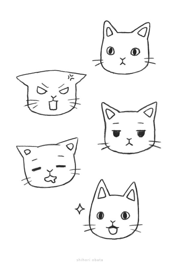 four cats with different faces drawn in black and white