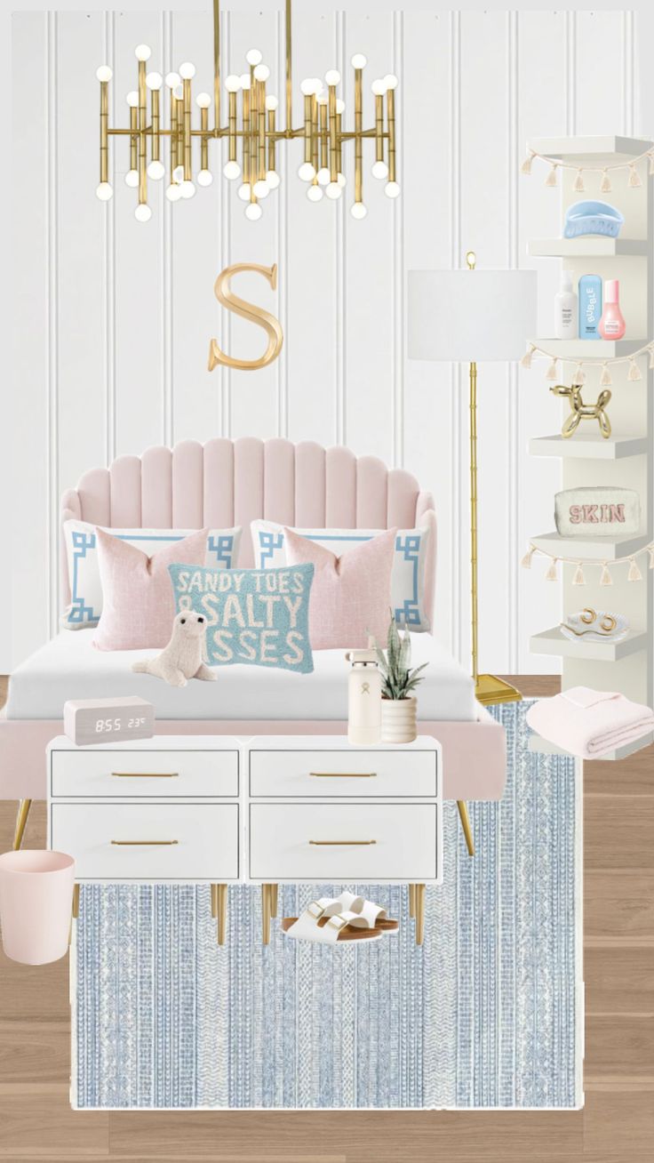 a bedroom with pink and blue accents, gold chandelier, white bedding, and