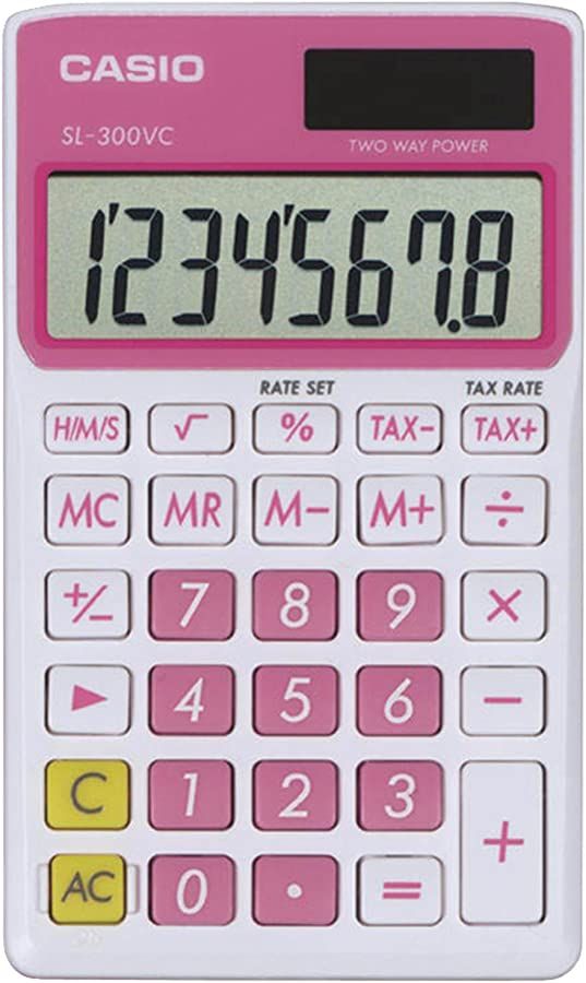 a pink and white calculator on a white background