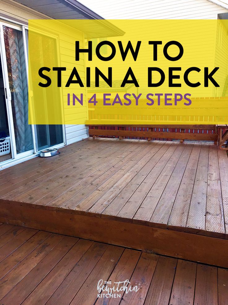 a wooden deck with steps leading to the front door and yellow siding on it, that says how to stain a deck in 4 easy steps