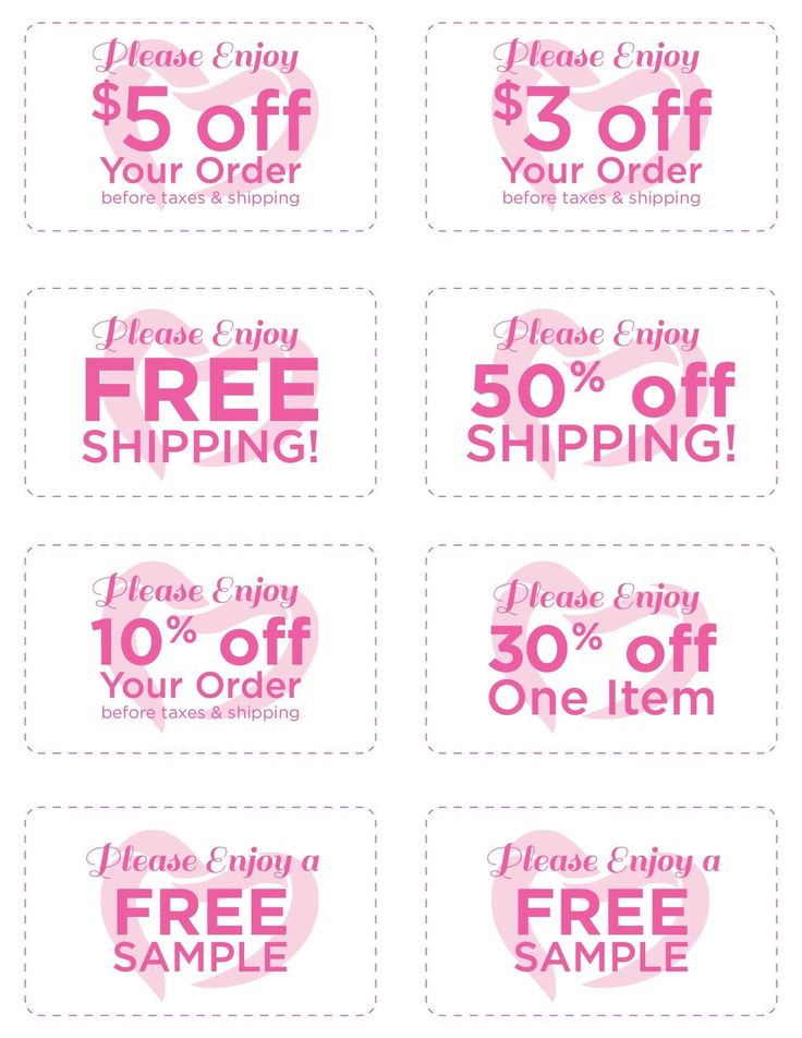 four coupons for free shipping with pink and white designs