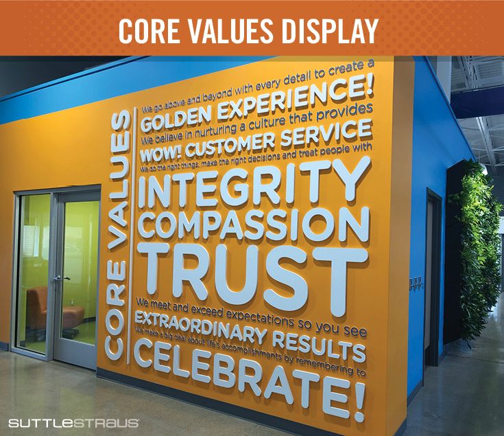 an orange and blue building with words written on the wall that read core value display