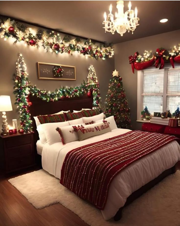 a bedroom decorated for christmas with lights and decorations