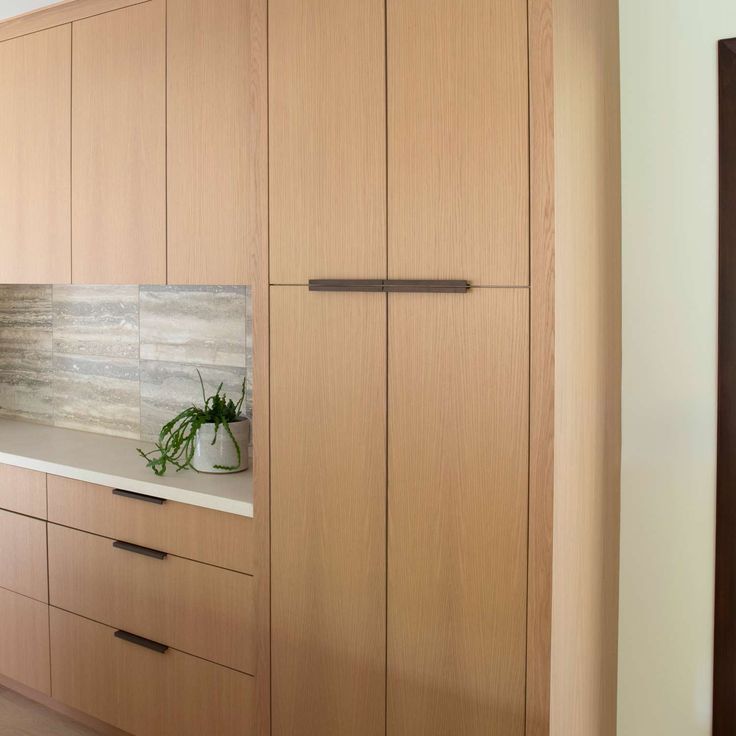 an empty kitchen with wooden cabinets and white counter tops, along with a potted plant