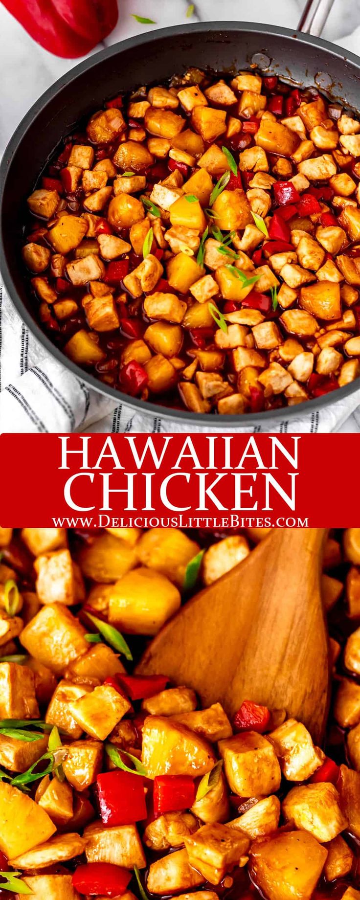 hawaiian chicken is cooked in a skillet and served with red peppers on the side