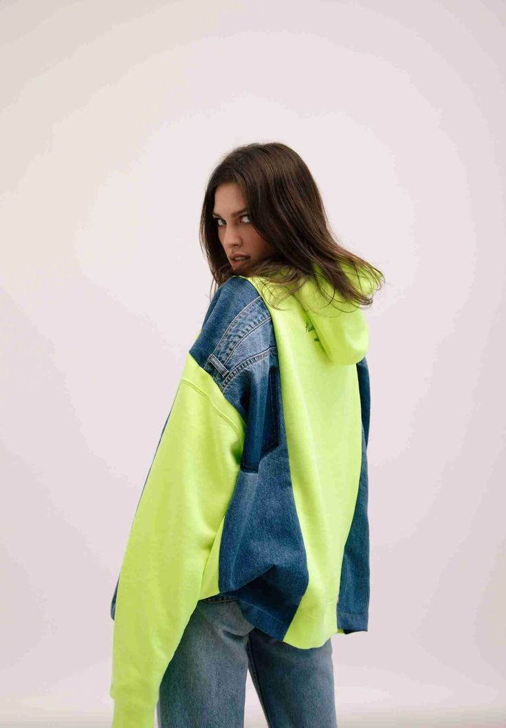 Neon green hoodie made from jeans pants Neon Green Hoodie, Bleached Denim Jacket, Denim Hoodie, Painted Denim Jacket, Vintage Jean Jacket, Blanket Coat, Bleached Denim, Green Fits, Painted Denim