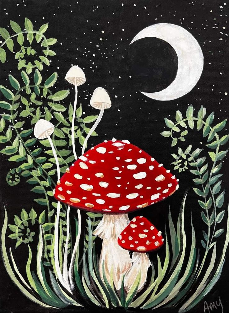 an acrylic painting of two mushrooms in the grass with a half moon above them