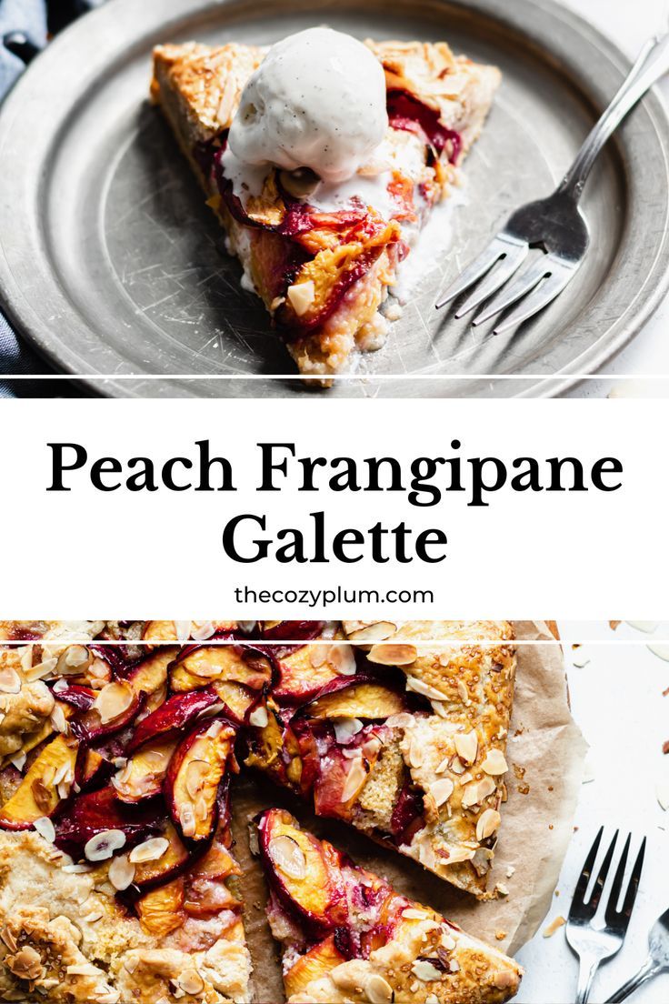 A slice of peach frangipane galette on a plate with a scoop of vanilla ice cream on top Summer Galette, Peaches Baked, Frangipane Galette, Almond Frangipane, Homemade Pie Recipes, Graham Cracker Recipes, Fruit Pastries, Buttery Pie Crust, Pie Tin