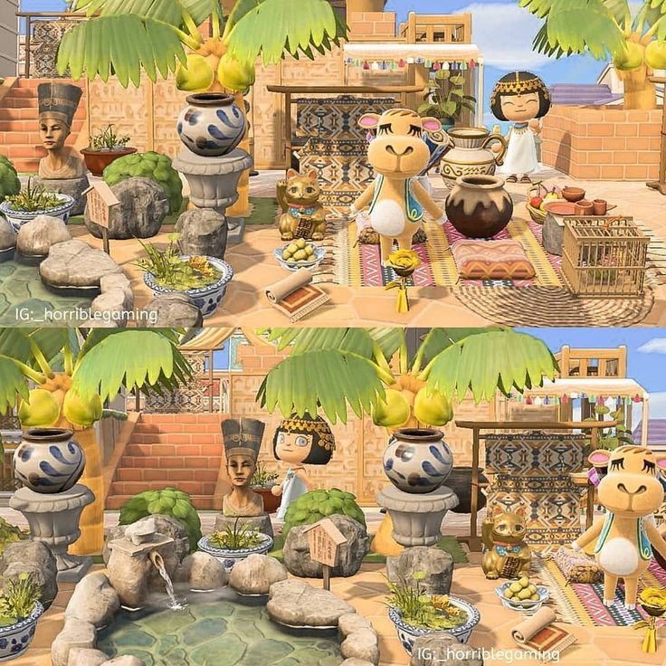 two pictures of the same scene in animal crossing, one has a potted plant and another has a bowl with fruit on it