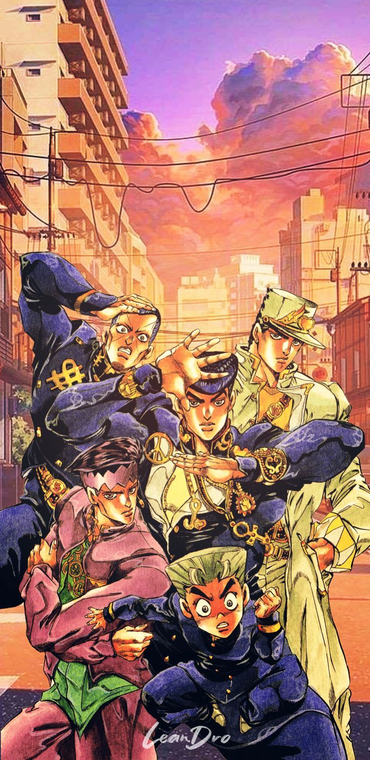 an image of some anime characters on the street with buildings and wires in the background