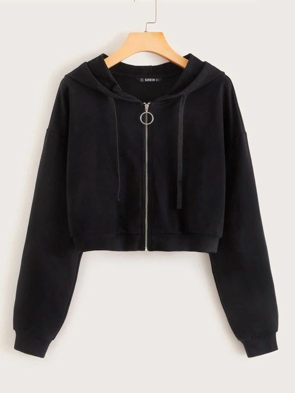 Zip Up Drawstring Hoodie | SHEIN Stylish Hoodies, Black Jeans Outfit, Cute Jackets, Hoodie Outfit, Black Zip Ups, Really Cute Outfits, Drawstring Hoodie, Zipper Hoodie, Colorful Hoodies