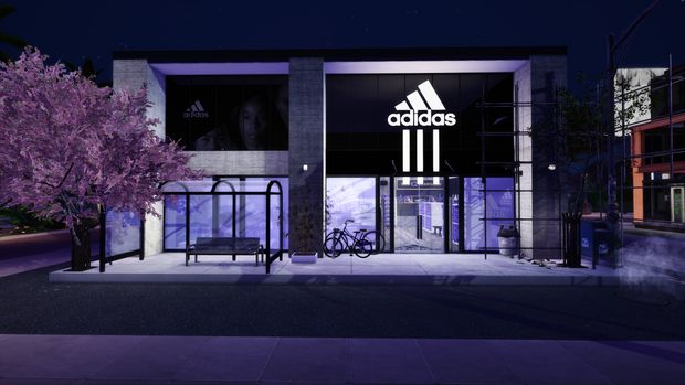 the adidas store is lit up at night with purple trees in front of it