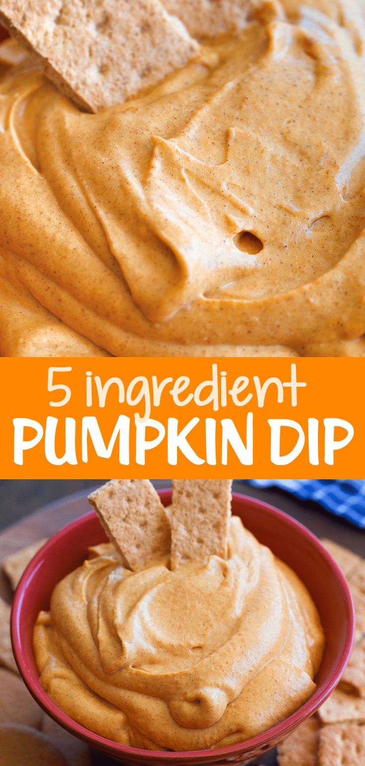 pumpkin dip in a red bowl with crackers on the side and an orange background