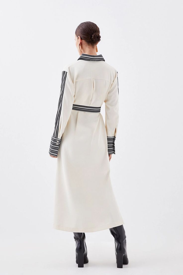 Petite Stripe Twill Belted Woven Midi Shirt Dress | Karen Millen Elegant Daywear Dress With Striped Collar, Elegant Dresses With Striped Collar For Daywear, Chic Striped Knee-length Shirt Dress, Long Sleeve Shirt Dress With Striped Collar For Work, Contrast Stripe Dresses For Workwear, Elegant Striped Shirt Dress For Daywear, White Long Sleeve Dress With Striped Collar, White Midi Length Shirt Dress For Work, White Midi Shirt Dress For Work