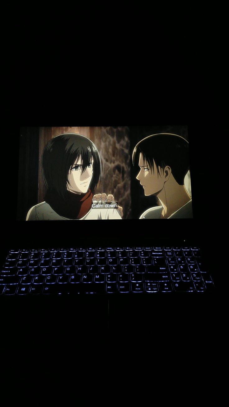 two anime characters on a laptop screen in the dark