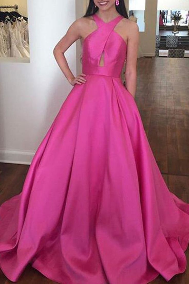 Simple Candy Pink Cut Out Sleeveless Backless Evening Ball Gown Dresses Prom Dress Satin, Custom Design Dress, Prom Dresses Simple, Formal Evening Gown, Formal Dress Shops, Dresses Simple, Applique Wedding Dress, Backless Prom Dresses, A Line Prom Dresses