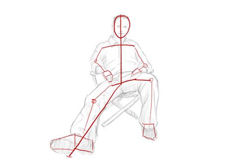 a drawing of a person sitting on a chair with their legs crossed and one leg bent