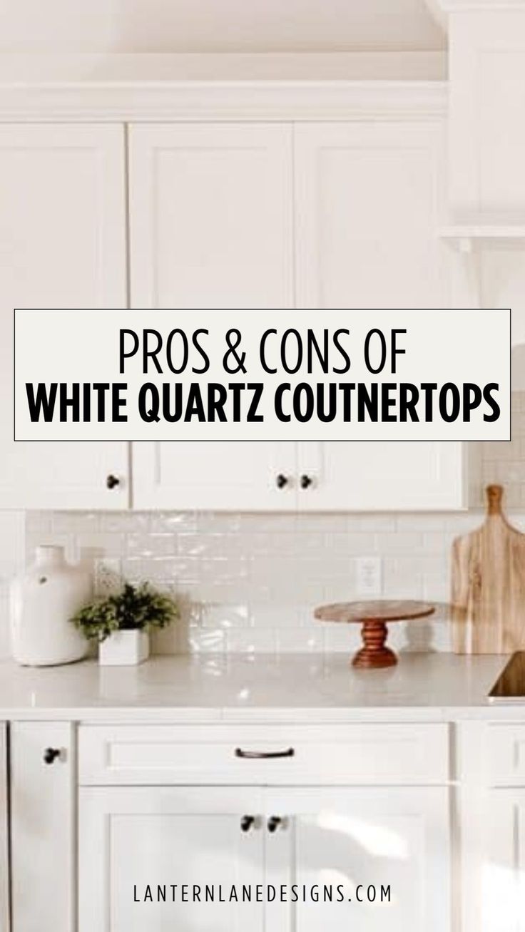 a white counter top in a kitchen with the words pros and cons of white quartz counters