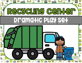 a green dump truck with the words recycling center dramatic play set