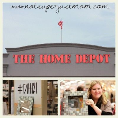 the home depot sign is displayed in front of an american flag and other items for sale