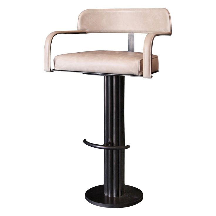 an image of a modern bar stool with beige upholstered fabric and black metal base