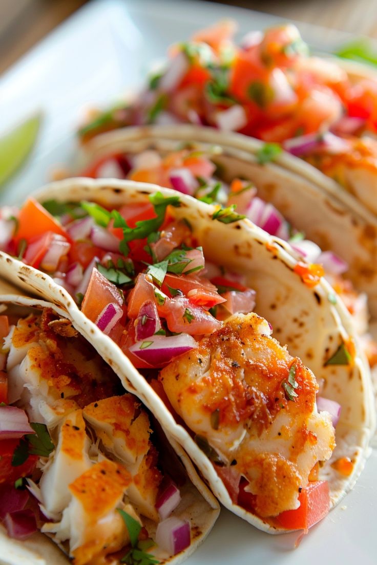 several tacos are on a white plate with red onions and green garnish