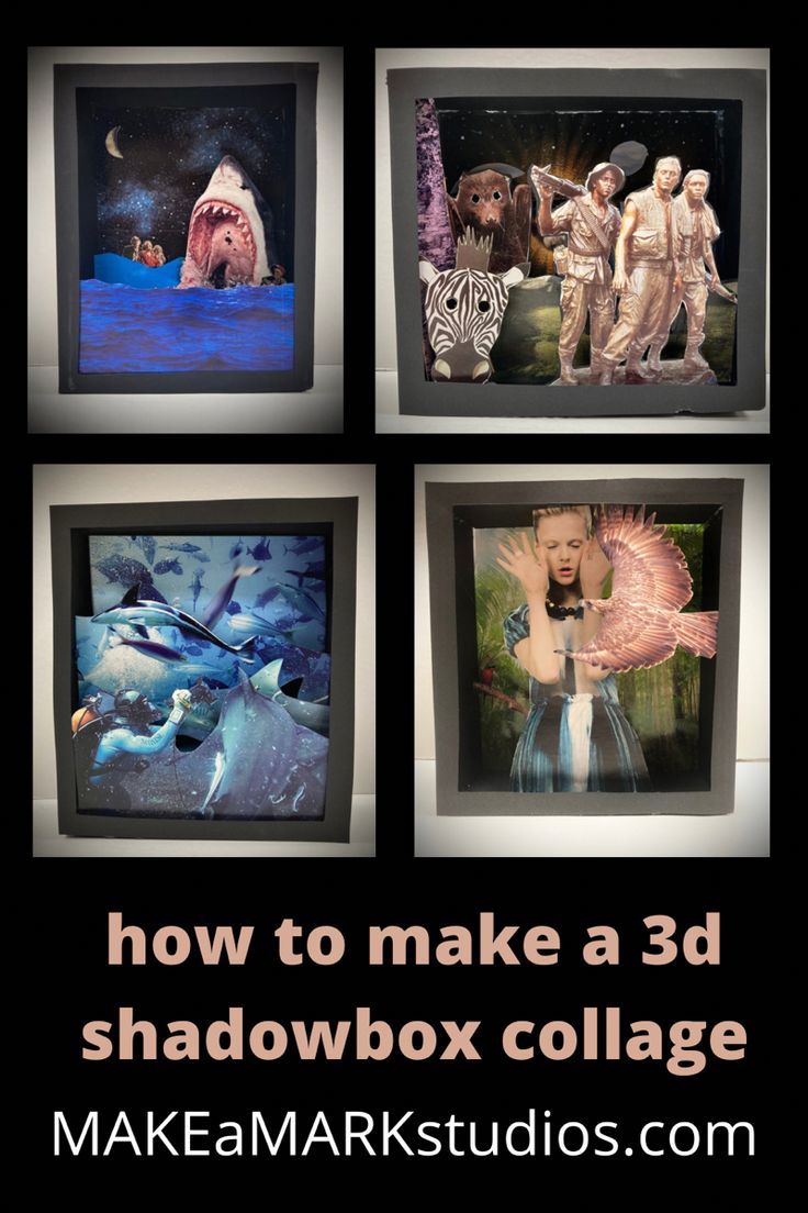 four pictures with the words how to make a 3d shadowbox collage in front of them