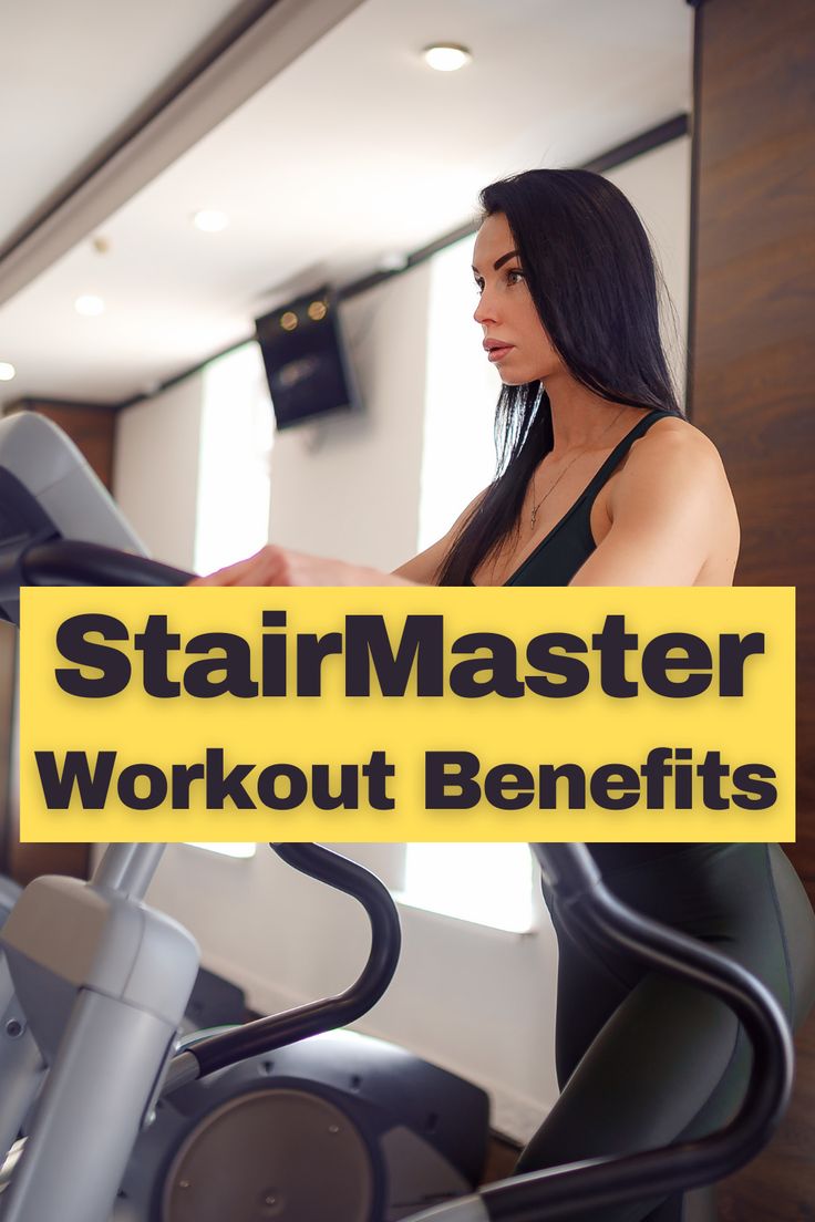 a woman on a stationary exercise bike with the words stair master workout benefits