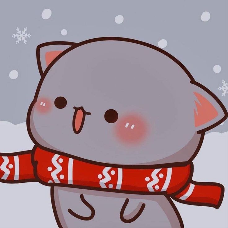 a cartoon cat with a scarf around its neck is standing in front of snowflakes