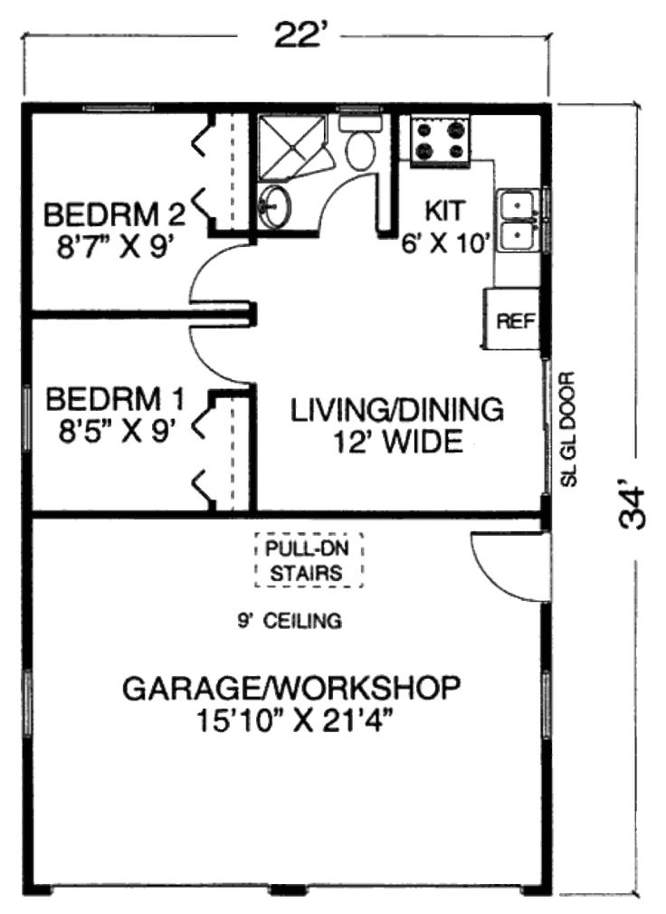 the floor plan for a two bedroom house with an attached garage and living room area