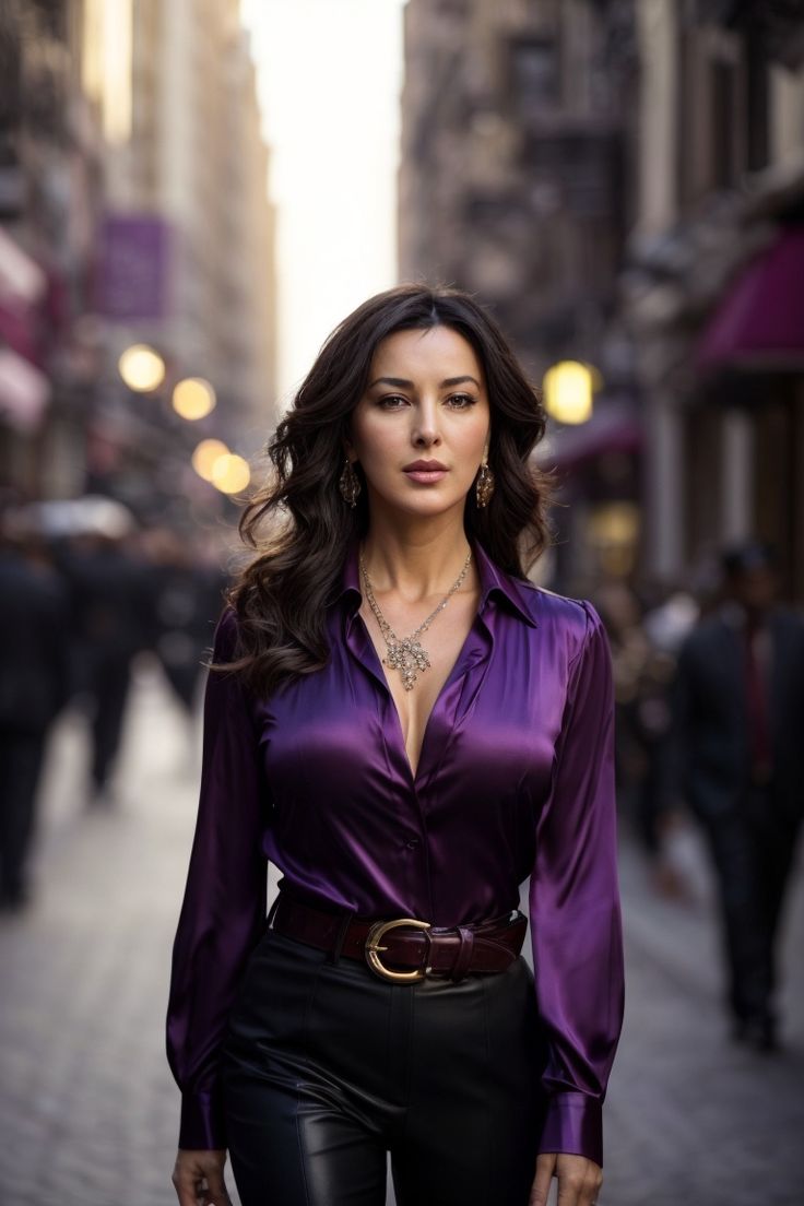 a woman in purple shirt and black pants walking down the street with her hands on her hips