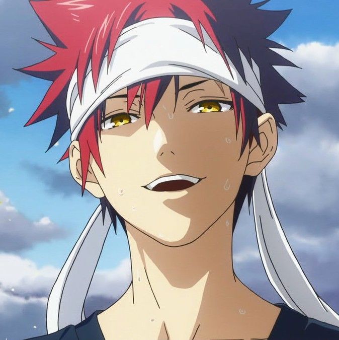 an anime character with red hair wearing a bandana and looking at the camera while standing in front of some clouds