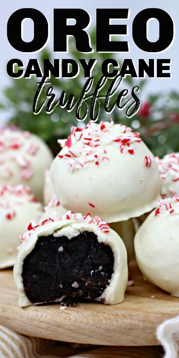 chocolate oreo candy cane truffles on a cutting board