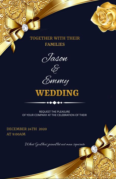 an elegant wedding card with gold ribbon and roses