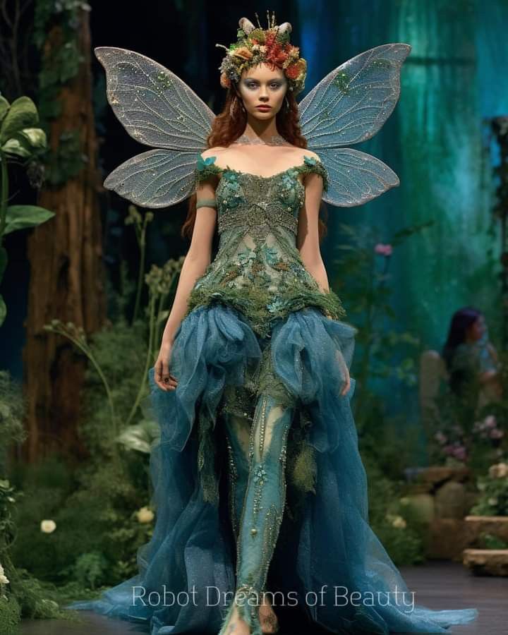 a woman in a fairy costume walking down a runway