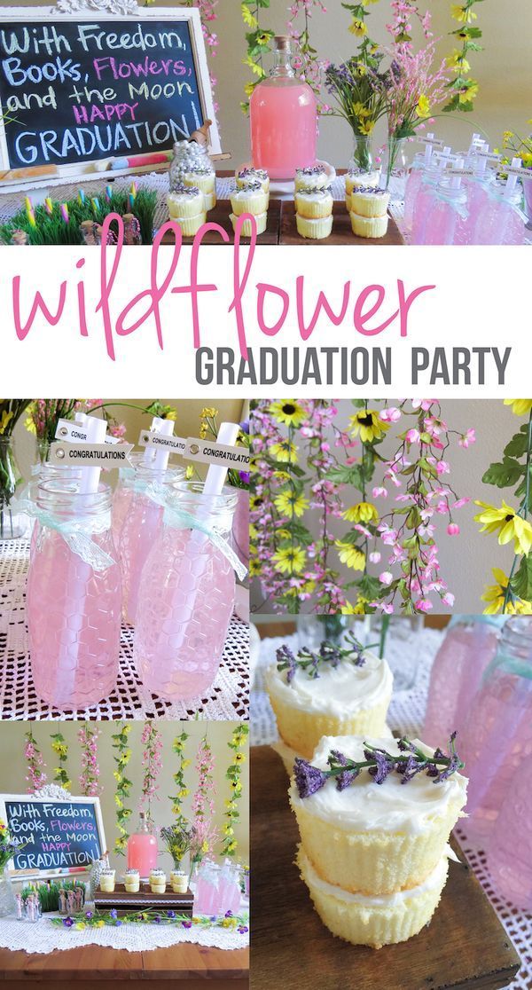 a collage of photos with flowers in vases and graduation decorations on the table